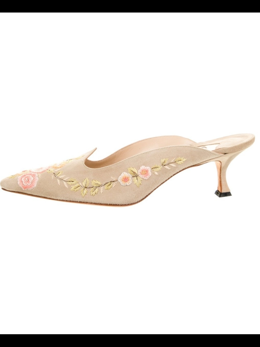 Manolo Blahnik Floral Embroidered Kitten Heel Mule